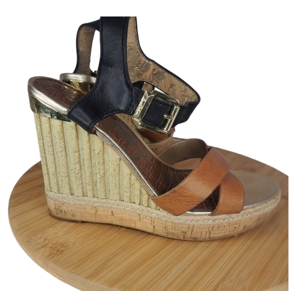 Sam Edelman Women Shoe #Clay Wedge Size 8.5 Textured Heel Black & Brown Leather - Picture 2 of 16